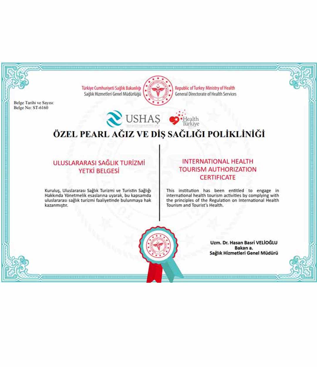 The Pearl Clinic Antalya official health tourism authorisation certificate